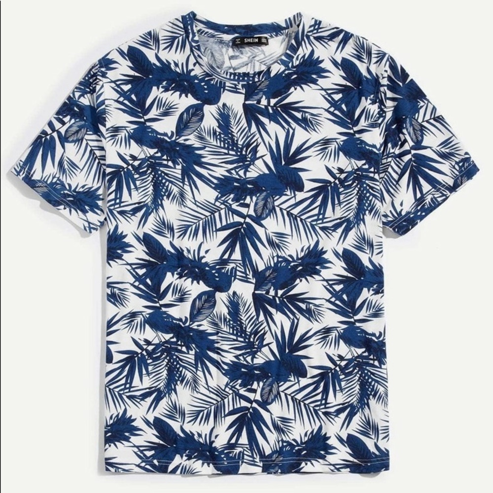 Shein Blue/White Leaf Print Short Sleeve T-Shirt